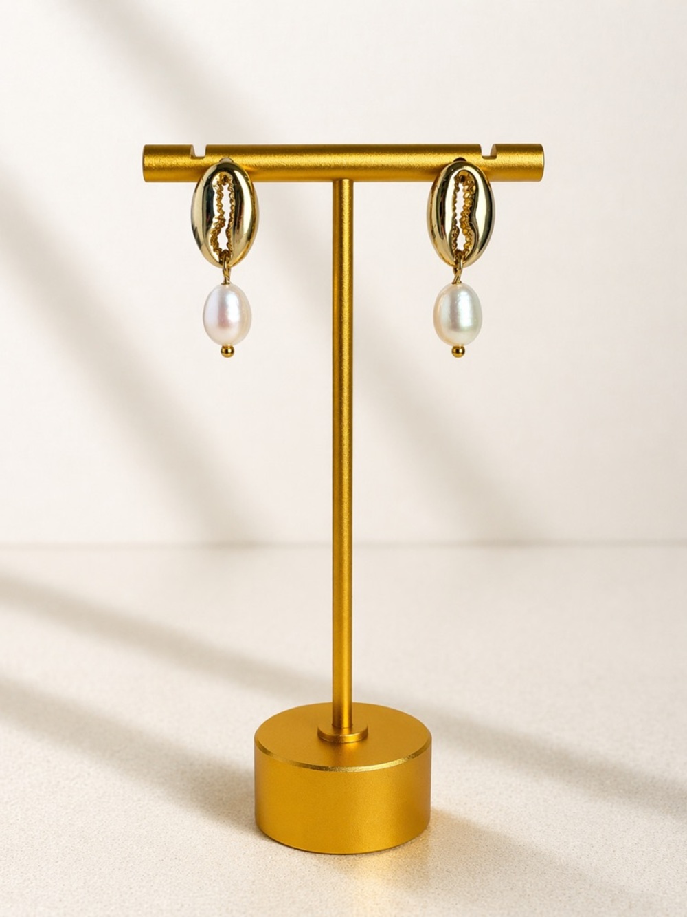 Gold Shell and Pearl Drop Earrings - Classic Gold and White